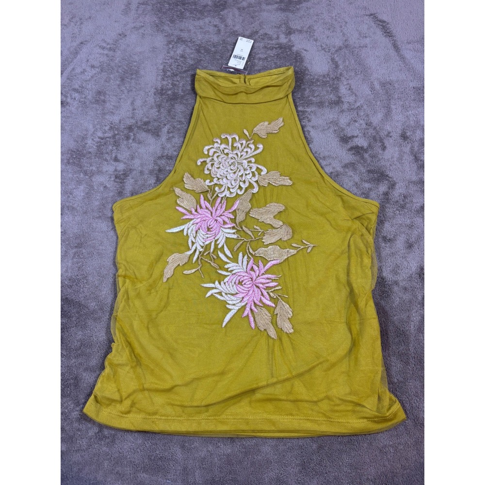 NWT Anthropologie Chartreuse Green Floral Embroidered Mesh Halter Top Size Med